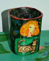 Hand Made Ceramic Brush / Pencil Pot &quot;Girl with the Cat&quot;.Signed. Unique - £23.25 GBP
