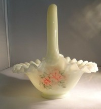 Vintage Fenton Art Glass Decorated Shiney Custard Basket Vase - $75.00