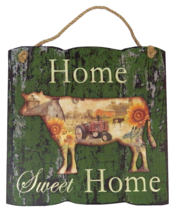 Cow Plaque Home Sweet Home Shabby Green Rope Hanger Farm Tractor Barn 11.75&quot; - £12.84 GBP
