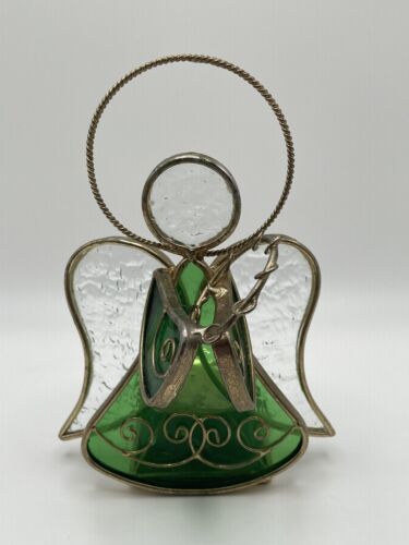 Vintage Stained Glass Green  &amp; Gold Tone Metal Angel Tealight Votive Hol... - $15.31