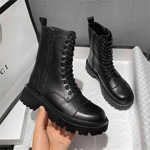 Women Genuine Leather Motorcycle Boots Round Toe Lace Up Shoes Thick Med Heel La - £83.41 GBP