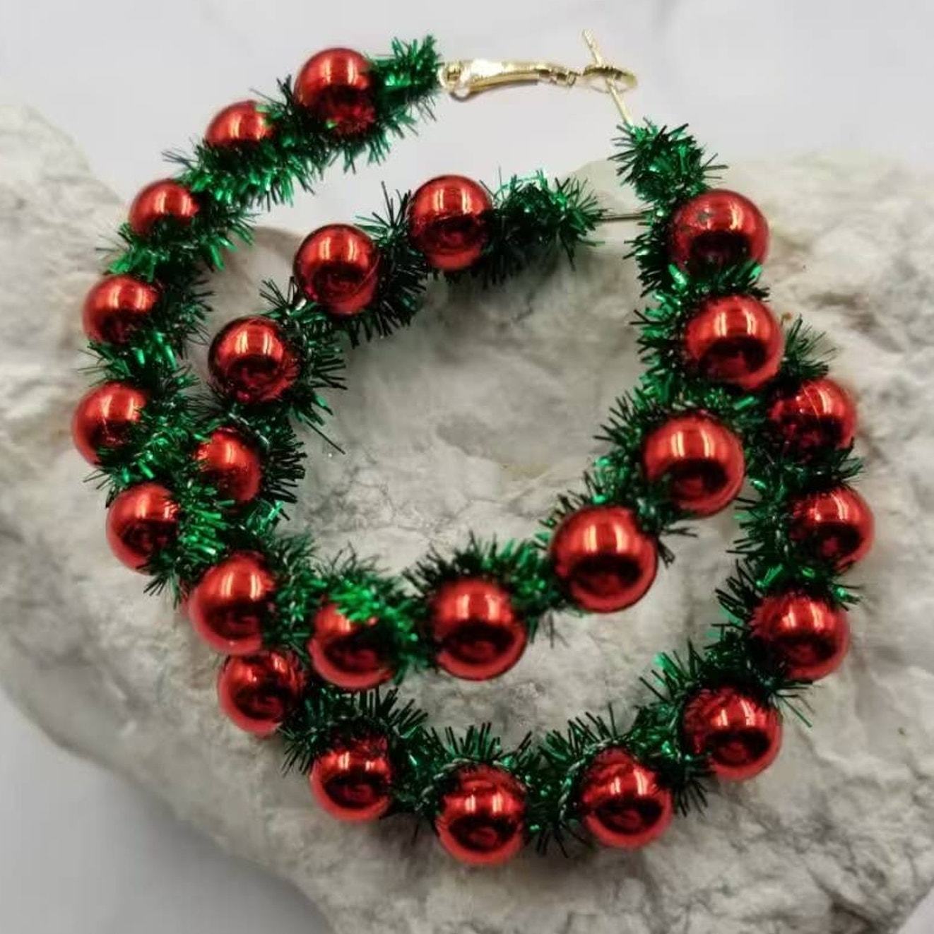 Christmas Pom Pom Beaded Hoops Earrings