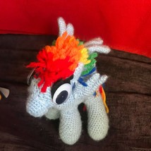 Gently Used Handmade Light Blue Crocheted Small Little Winged Pony w Rainbow Man - £10.46 GBP