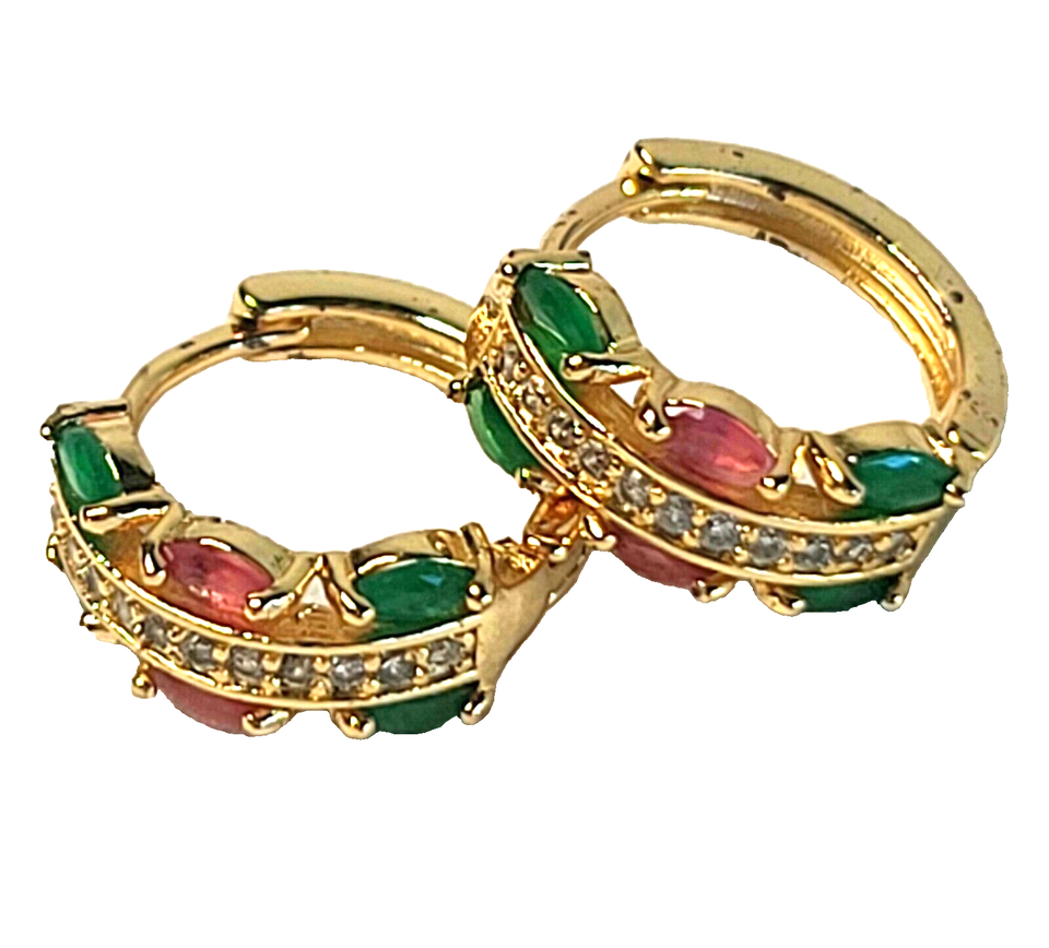 Primary image for Vintage Faux Pink Ruby Emerald Rhinestone Gold Tone Hoop Earrings
