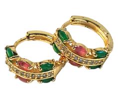 Vintage Faux Pink Ruby Emerald Rhinestone Gold Tone Hoop Earrings - $3.99