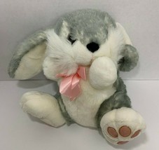 Dandee Bunny Rabbit Plush gray white pink bow feet paws stuffed animal sitting  - £10.10 GBP