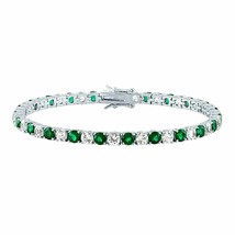 4mm de Forma Redonda Verde Esmeralda &amp; Diamante Tenis Pulsera 7.5&quot; 14K Oro - £244.89 GBP