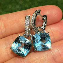 4Ct Amortiguador Corte Topacio Azul Diamante Gota &amp; Pendientes Largos 14K Blanco - £91.71 GBP