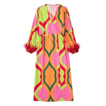 PB&amp;ZA Women 2023 New Chic Fashion Printed Feather Sleeve Midi Dress Vintage V Ne - £73.45 GBP