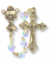 CRYSTAL GLASS BEADS GOLD PLATED ROSARY CRUCIFIX CROSS AND CHALICE CENTER - £31.49 GBP