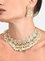 Gold Tone Kundan Embellished Flower Design Necklace &amp; Earring Set For Women - £29.19 GBP
