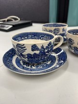 Four C&amp;A 1911 Buffalo Pottery Blue Willow Tea Cup &amp; Saucer Sets Semi Vitreous - £13.55 GBP