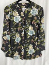 Denim &amp; Company Size S Women&#39;s Green Floral Button Up Y Neck Long Sleeve Blouse - £9.10 GBP