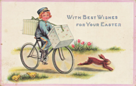 Best Auguri Per Il Easter-Delivery Ragazzo Bicicletta &amp; Coniglio ~1910 Goffrato - £7.06 GBP