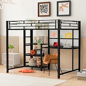 Merax Full Size Mental Loft Bed Frame with Desk and Whiteboard,3 Shelves... - £452.22 GBP