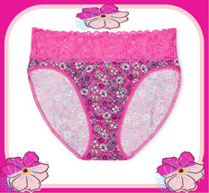 XL  Hot Pink Retro Floral Cotton Lace Waist Victorias Secret HighLeg Brief Panty - £8.83 GBP