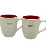 Rae Dunn &quot;Merry&quot; &amp; &quot;Wish&quot; Coffee Mugs Holiday Red Interior - $331.56 MXN