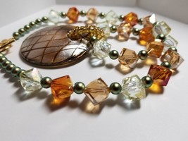 Orange Glass &amp; Iridescent Green Glass Pearls and Glass Pendant Necklace - £36.77 GBP