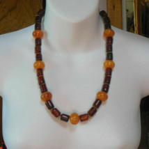 Rootbeer &amp; Yellow Glass/Plastic Barrel Beaded Necklace W/Gold-tone Spacers - £19.45 GBP