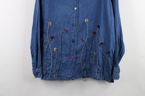 Vtg 90s Streetwear Womens 1X Distressed Embroidered Flower Denim Button Shirt Item image 3