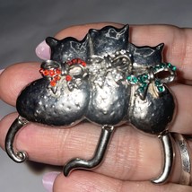 Christmas Cats Red Green Clear Rhinestones TC Vintage Silver Brooch Kitty READ - £9.46 GBP