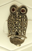 Vintage Sterling silver and Marcasite Owl brooch with red garnet eyes - £75.54 GBP