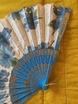 Vintage Hand Fan Folding Fan Art Decor Hand Painted Fabric Blue Flower Blue Plas - £11.19 GBP