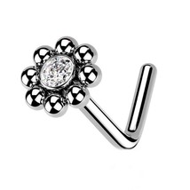 14K White Gold-Plated Simulated Diamond Flower L-Bend Nose Hoop Stud Pin... - £37.21 GBP