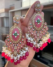 Indian Gold Plated Bollywood Style Earrings Enameled Kundan Red Jewelry Set - £45.55 GBP