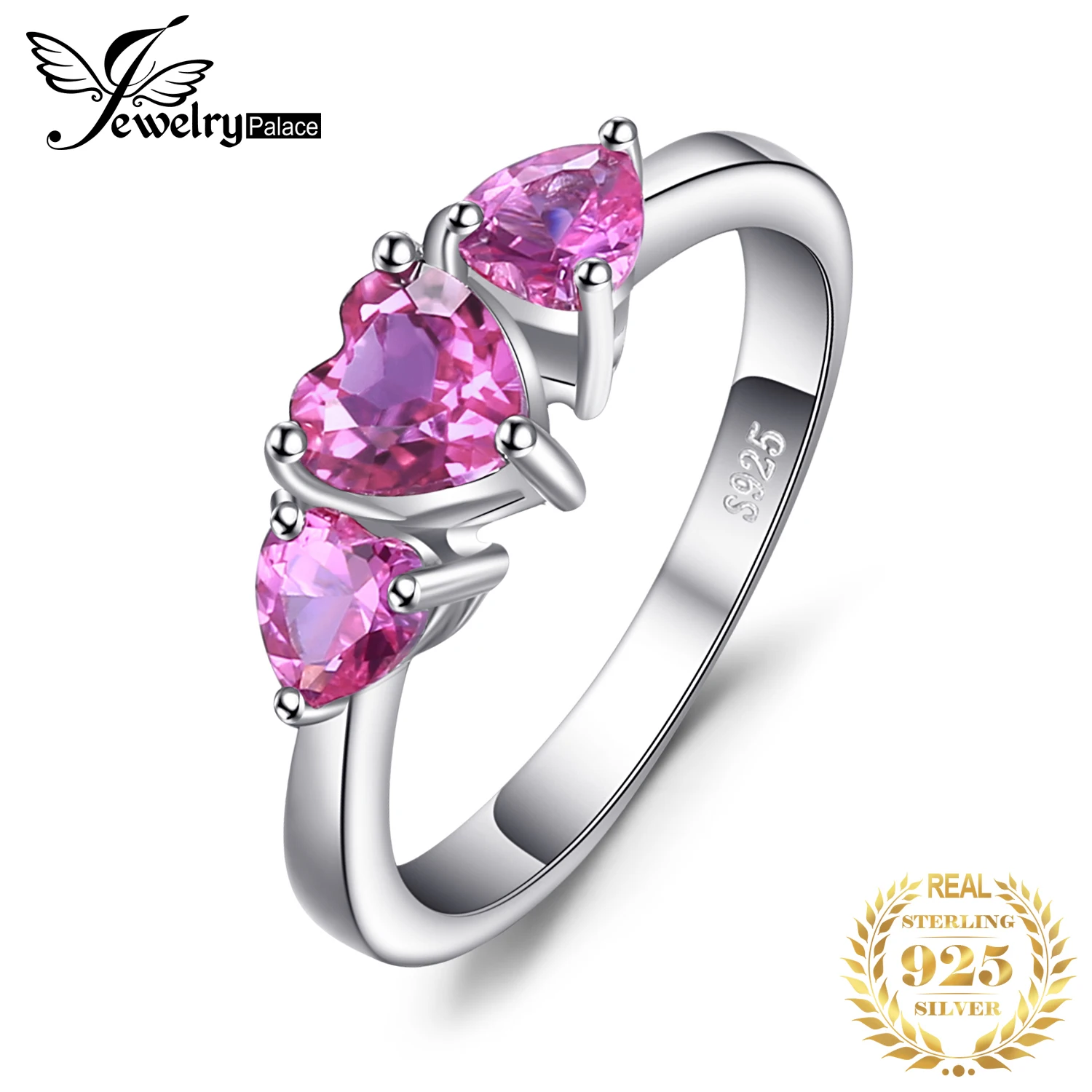 Love Heart 1.2ct Created Pink Sapphire 925 Sterling Silver 3 stone Ring for Wome - £18.66 GBP