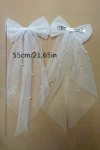 White Bridal Veil Bowknot Pearl Beaded Hair Clip - $95.23 MXN