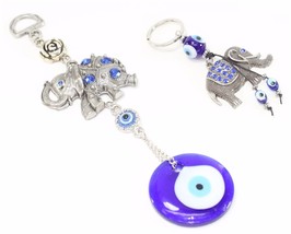 Set Of 2~Turkish Blue Evil Eye Elephant Rose Amulet + Elephant Key Ring ... - £20.50 GBP