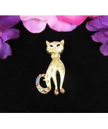 MCM Vintage RHINESTONE CAT PIN Kitten Kitty Brooch Red Blue Clear AB Gol... - $17.81