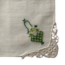 Handkerchief White Hankie Floral Green Flowers Square 8.5x9” Embroidered - £7.55 GBP