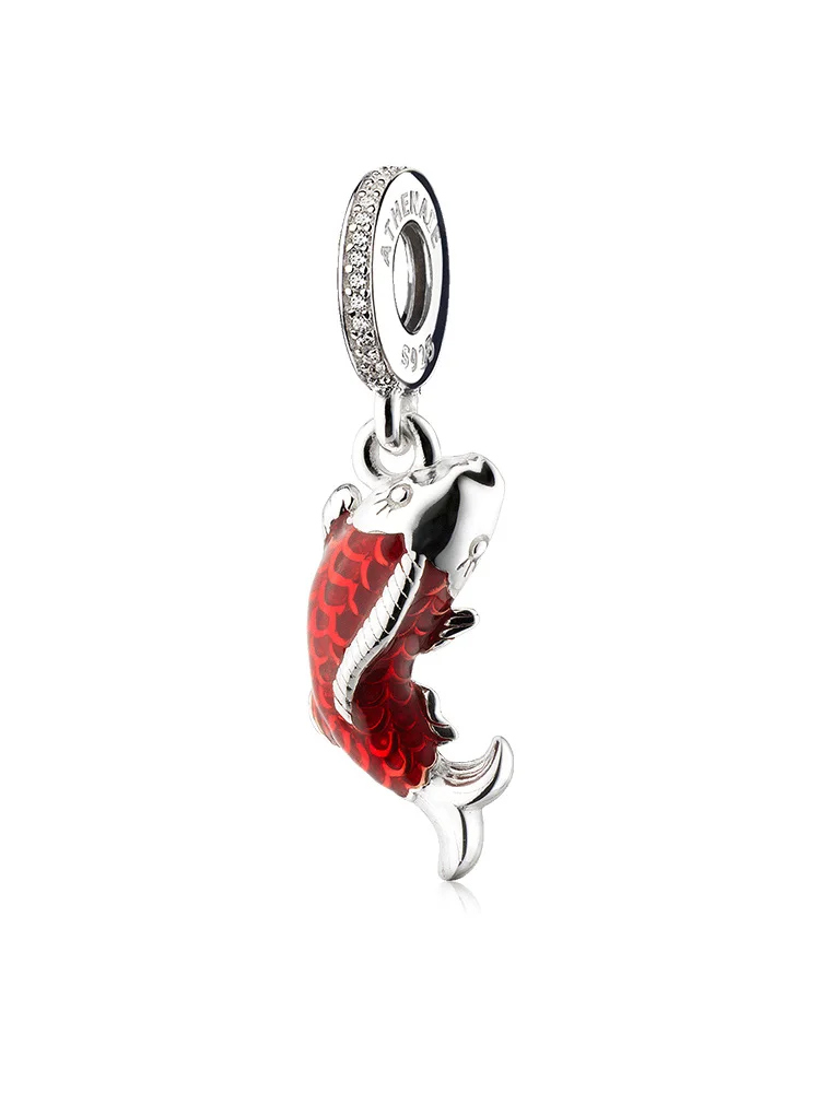 Chinese Good Fortune Carp Fish Pendant 925 Sterling Silver Red Enamel Dangle Cha - £41.94 GBP