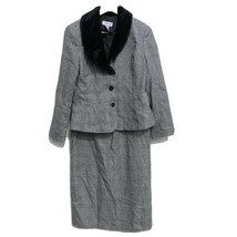 JG Hook Plaid 2 Piece Set Jacket Blazer Suit Faux Fur Skirt Midi Gray 6P... - $36.03