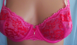 $59 VINTAGE 32D Pink Red Lace w RhinestoneS Victorias Secret Unlined Demi Bra - £29.46 GBP