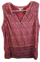 Lucky Brand Tank Top Womens Small Red White Floral Knit Cotton Pleated Pullover - £12.27 GBP