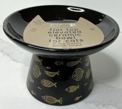 Cat Kitten Food Bowl Raised Extra Large Elevated Black &amp; Gold Fish Image... - $19.75