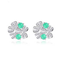 Jade &amp; Cubic Zirconia Silver-Plated Clover Cluster Stud Earrings - £12.54 GBP