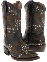Kids Black Western Cowboy Boots Brown Leather Studded Embroidered Square Toe - £53.14 GBP