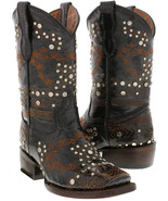 Kids Black Western Cowboy Boots Brown Leather Studded Embroidered Square... - €60,79 EUR