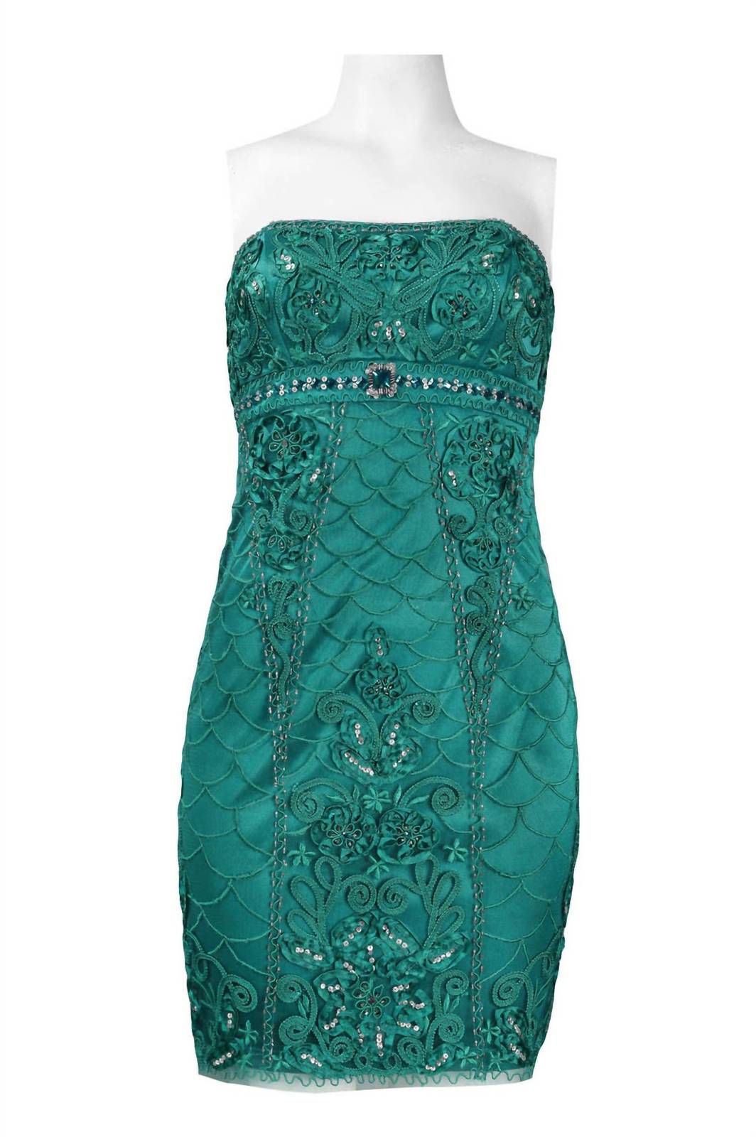 Sue Wong scalloped gem strapless mesh dress in JADE