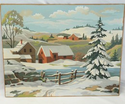 Paint By Number Painting Snow Winter Red Barn  20&quot; x 16&quot; Complete  1950 - 1960 - £62.66 GBP