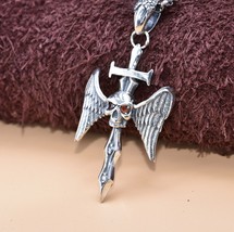Men&#39;s Gothic Red CZ Skull Head Angel Wings Cross 925 Sterling Silver DIY Pendant - £133.00 GBP