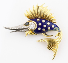 Rondette 18k Yellow Gold Sailfish Brooch Diamond Blue Enamel and Sapphire - $3,088.81