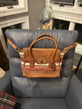 Cole Haan Brooke Flap Brown Leather Canvas Valise Hand Bag - $39.60