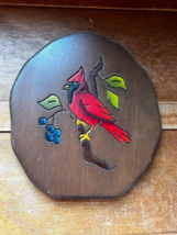 Handmade Wood Worm Carved &amp; Painted Red Cardinal on Branch w Juniper Berries Woo - £9.02 GBP