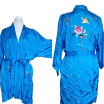 Vintage Chinese Kimono Robe M Satin Blue Embroidered Flowers Bird Bed Jacket - £31.00 GBP