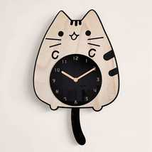 Modern silent wood wall clock, Kids digital cat clock, Minimalist wooden... - $100.00